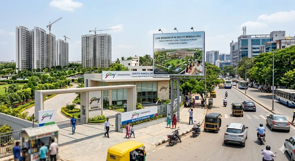 Location map showing Godrej Properties' residential developments across South Bangalore, highlighting connectivity to the Metro Pink Line and IT corridors